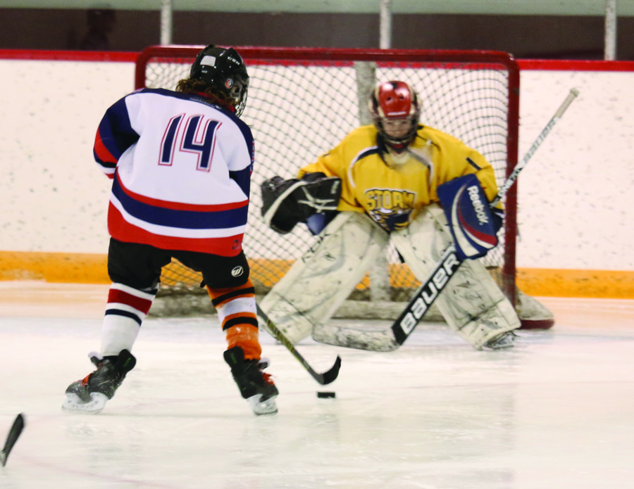Bow Island/Foremost Rebels #14 Darion Laqua takes a shot on goal, with Lucas Chapman keeping a close watch.