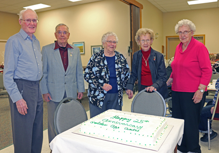 More than 100 people came out to help the Golden Age Club celebrate their 25th year. Pictured from left: Jack Hopkins, Vic Selvig, Jessie Conquergood, Edna Caswell, and Ethel Lanz.