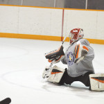 Zone 1 (southern Alberta) goaltender Marek Andres spreads out in full butterfly to make a stop at the Moose Recreation Centre versus Zone 6 (Edmonton) on Feb.14.