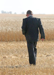 Photo By Jamie Rieger- Joe Waldner takes a walk to the standing durum during the harvest.
